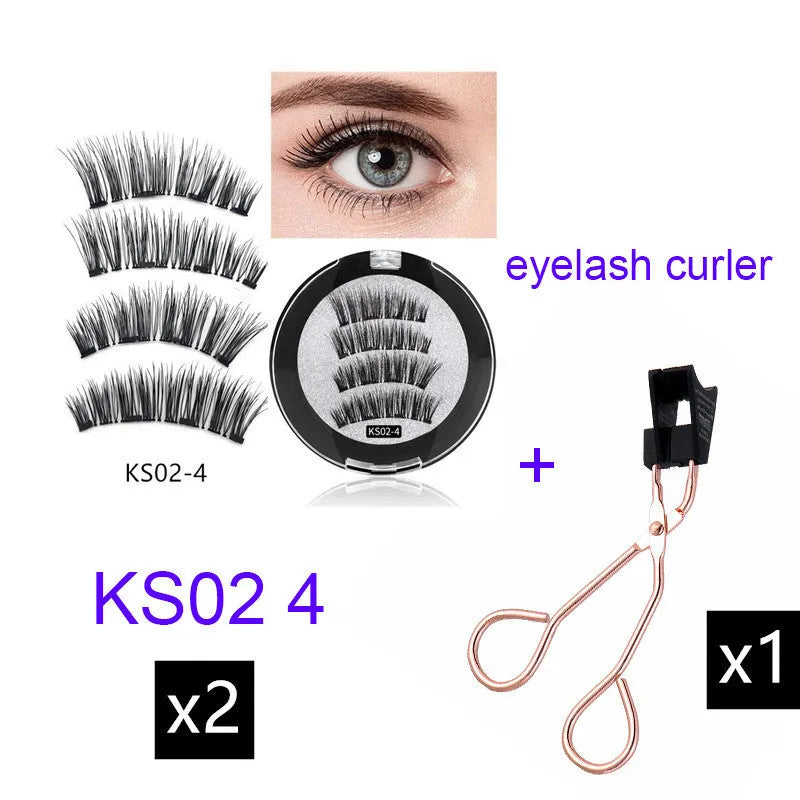 Four magnet false eyelashes in imported fibre with hand made construction and optional eyelash curler