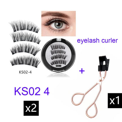 Four magnet false eyelashes in imported fibre with hand made construction and optional eyelash curler