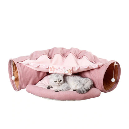 Collapsible cat tunnel with mat for play and rest, available in multiple colours