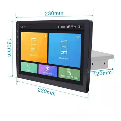 Black GM Android car navigator with a large rotating LCD screen showing a map display.