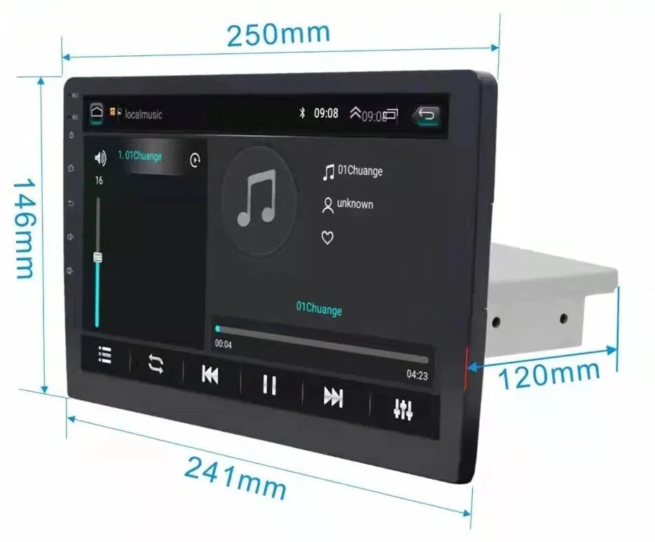 Black GM Android car navigator with a large rotating LCD screen showing a map display.