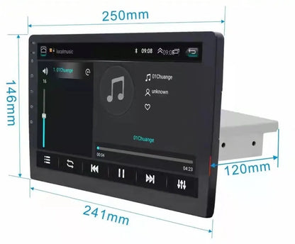 Black GM Android car navigator with a large rotating LCD screen showing a map display.