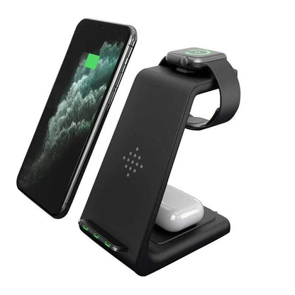 3-in-1 wireless charging stand for iPhone12, iWatch6, and AirPods with fast charging capability