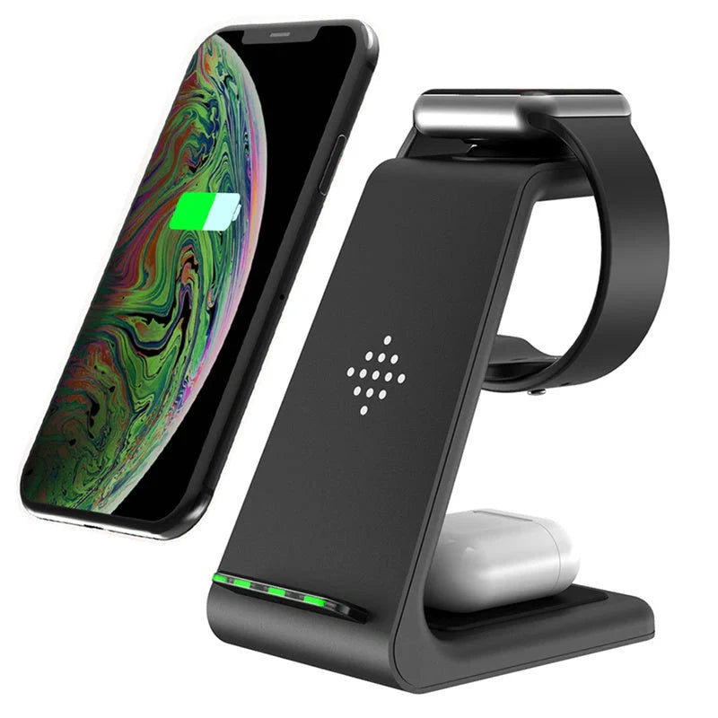 3-in-1 wireless charging stand for iPhone12, iWatch6, and AirPods with fast charging capability