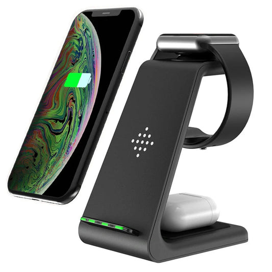 3-in-1 wireless charging stand for iPhone12, iWatch6, and AirPods with fast charging capability