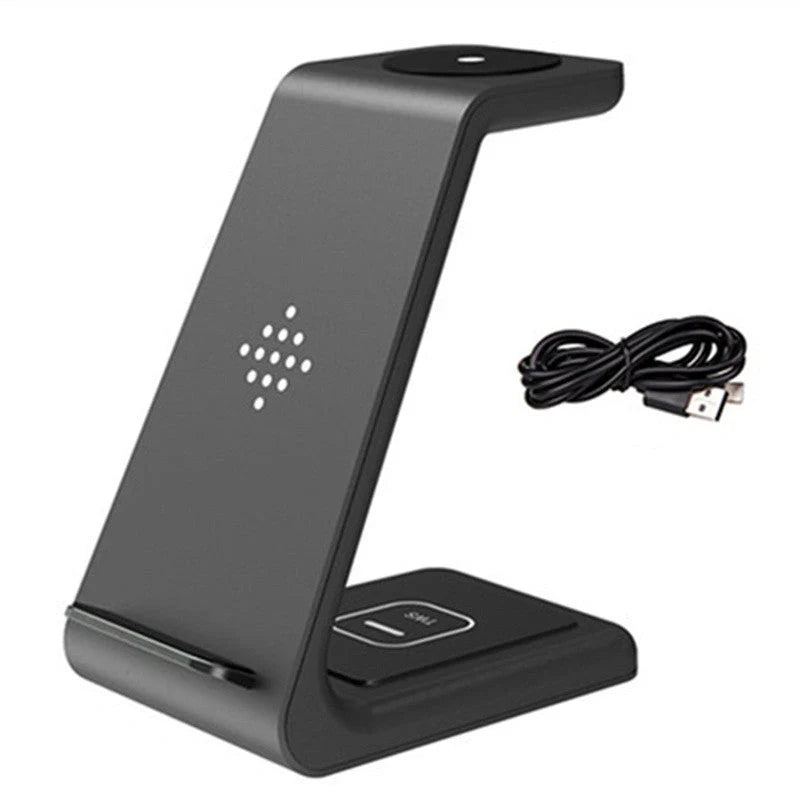 3-in-1 wireless charging stand for iPhone12, iWatch6, and AirPods with fast charging capability