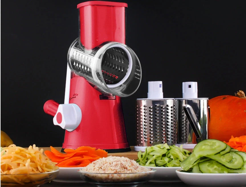 Round mandoline slicer with stainless steel blades for versatile kitchen use
