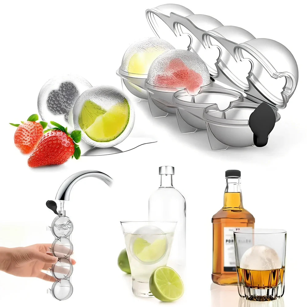 Four-hole ice hockey mould with transparent body showing four spherical chambers for 6.5cm ice balls