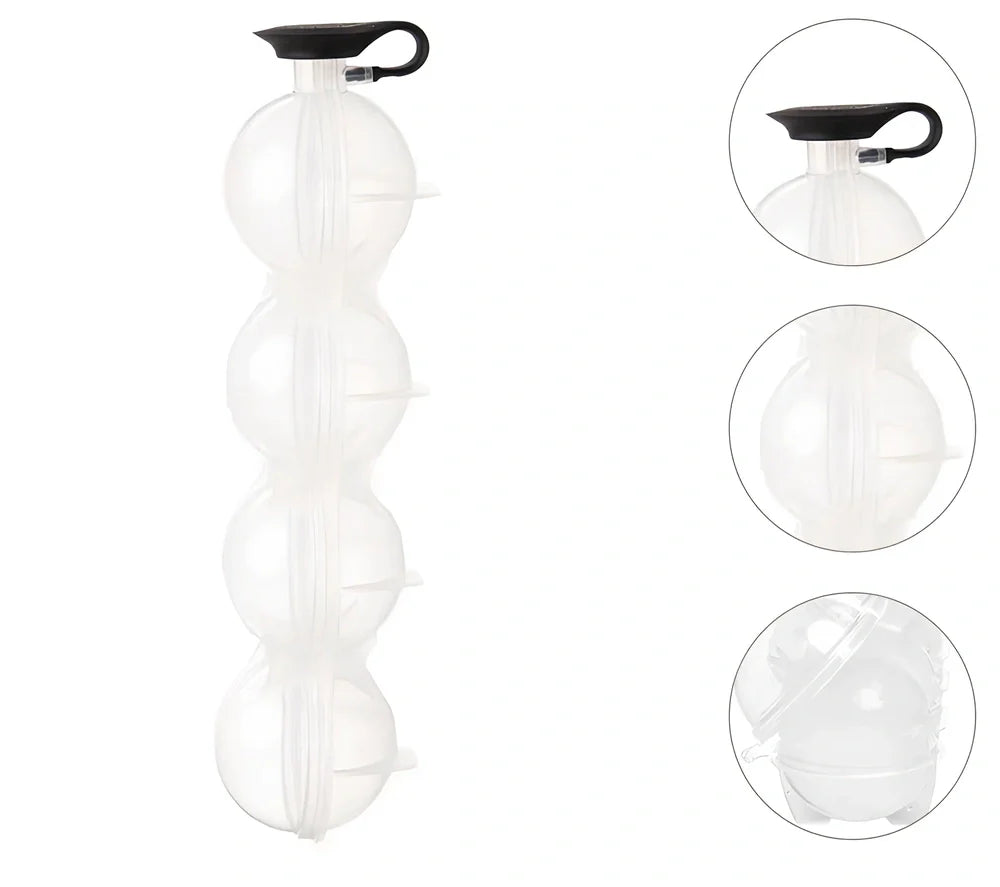 Four-hole ice hockey mould with transparent body showing four spherical chambers for 6.5cm ice balls
