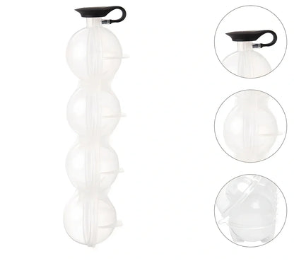 Four-hole ice hockey mould with transparent body showing four spherical chambers for 6.5cm ice balls