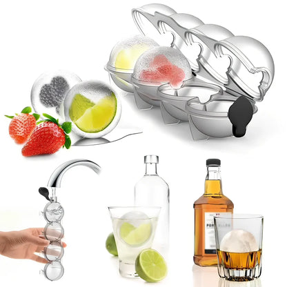 Four-hole ice hockey mould with transparent body showing four spherical chambers for 6.5cm ice balls