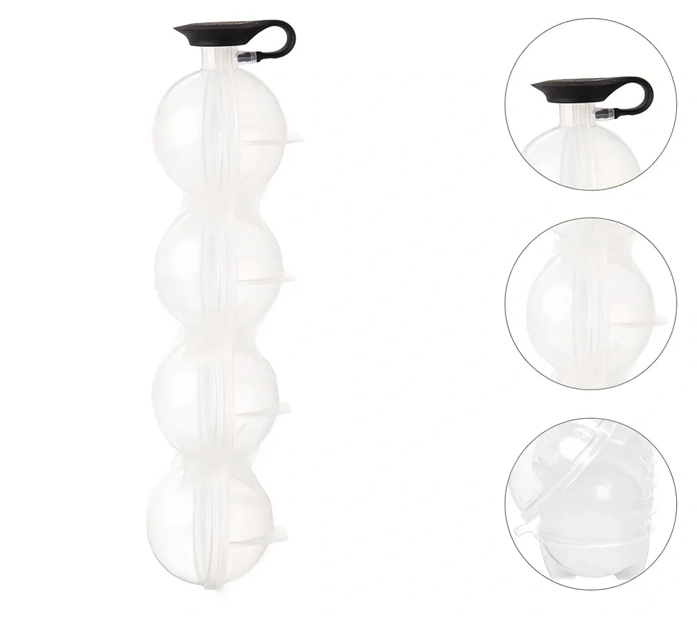 Four-hole ice hockey mould with transparent body showing four spherical chambers for 6.5cm ice balls