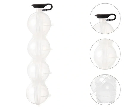 Four-hole ice hockey mould with transparent body showing four spherical chambers for 6.5cm ice balls
