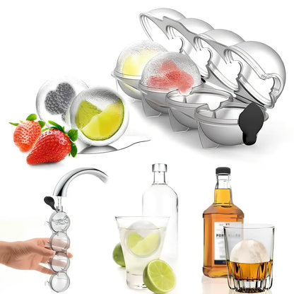 Four-hole ice hockey mould with transparent body showing four spherical chambers for 6.5cm ice balls