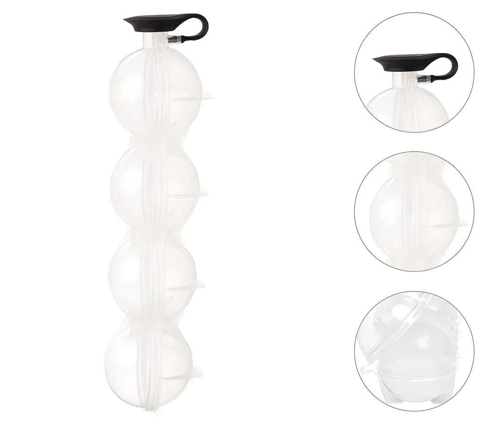 Four-hole ice hockey mould with transparent body showing four spherical chambers for 6.5cm ice balls