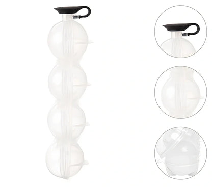 Four-hole ice hockey mould with transparent body showing four spherical chambers for 6.5cm ice balls