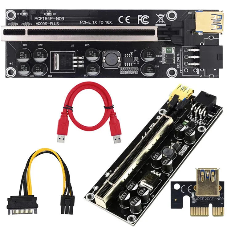 PCI-E X16 riser card set with 60cm cable, PCIE 1X card, USB cable and power cord in red and black