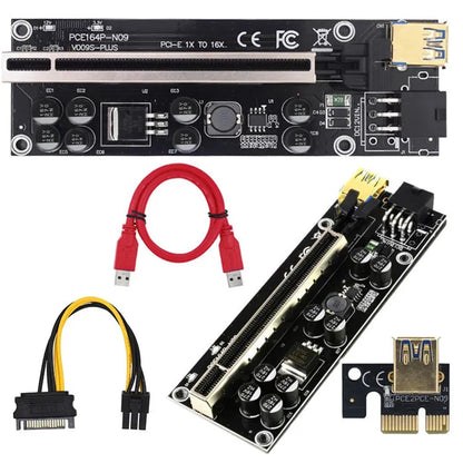 PCI-E X16 riser card set with 60cm cable, PCIE 1X card, USB cable and power cord in red and black