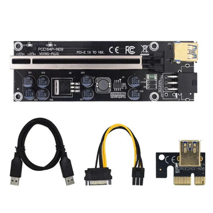 PCI-E X16 riser card set with 60cm cable, PCIE 1X card, USB cable and power cord in red and black
