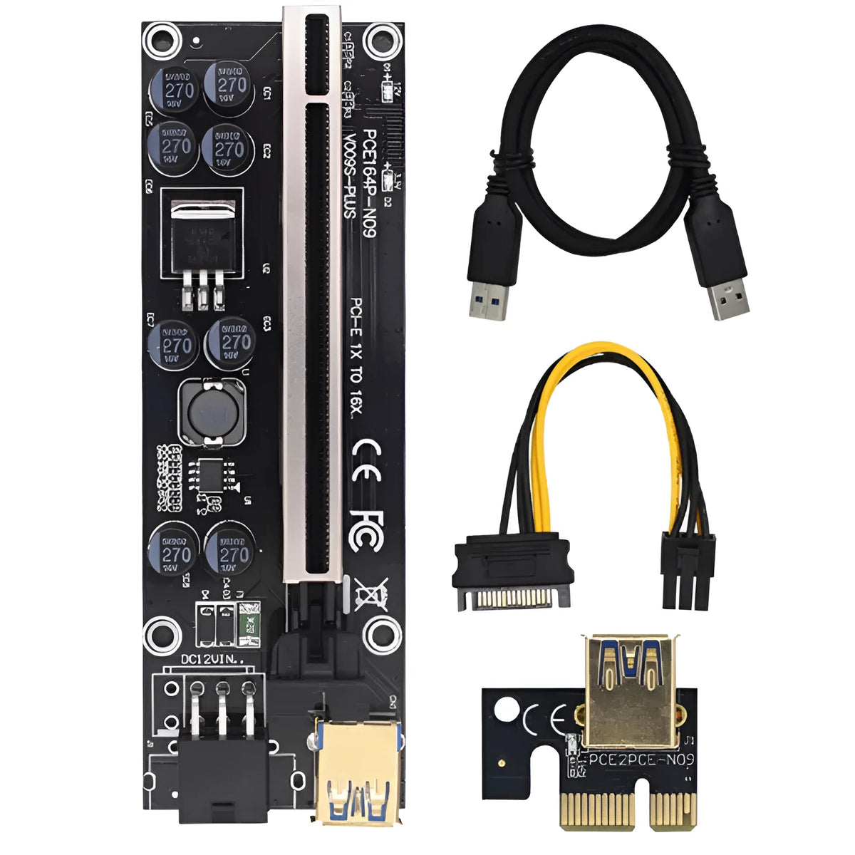 PCI-E X16 riser card set with 60cm cable, PCIE 1X card, USB cable and power cord in red and black