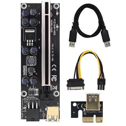 PCI-E X16 riser card set with 60cm cable, PCIE 1X card, USB cable and power cord in red and black