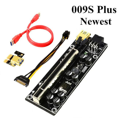 PCI-E X16 riser card set with 60cm cable, PCIE 1X card, USB cable and power cord in red and black