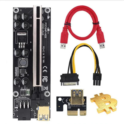 PCI-E X16 riser card set with 60cm cable, PCIE 1X card, USB cable and power cord in red and black