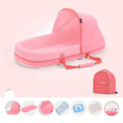 Portable baby crib with sun protection and mosquito net, foldable design for easy travel