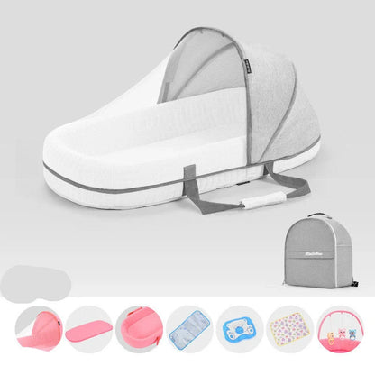 Portable baby crib with sun protection and mosquito net, foldable design for easy travel