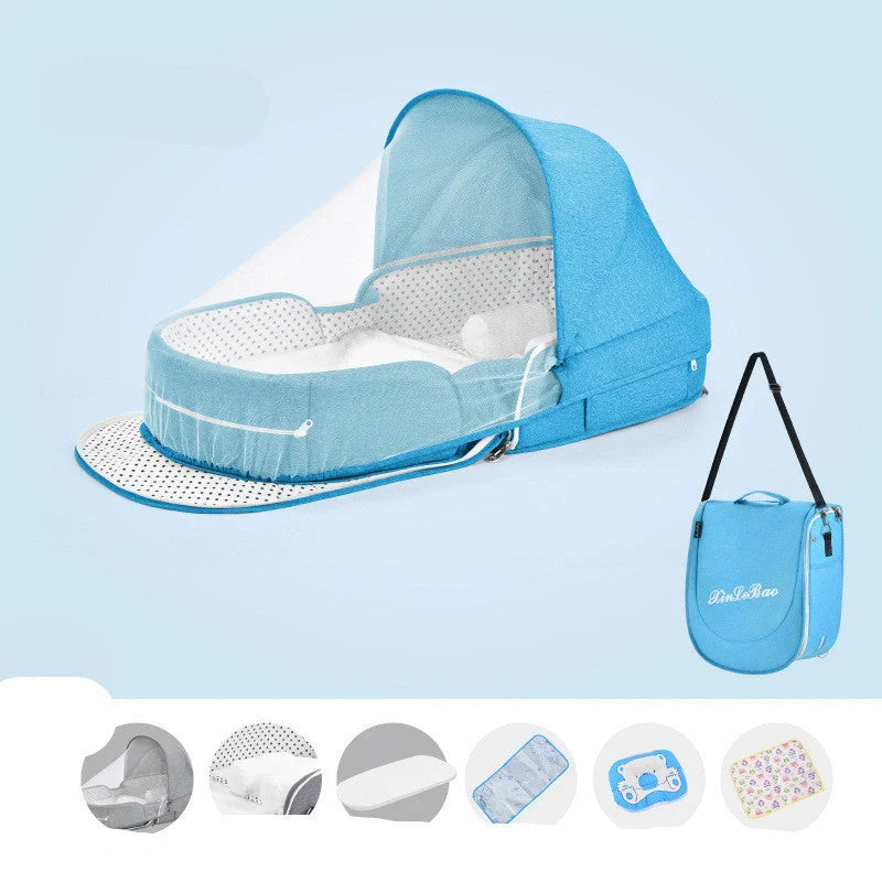 Portable baby crib with sun protection and mosquito net, foldable design for easy travel