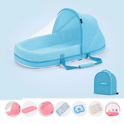 Portable baby crib with sun protection and mosquito net, foldable design for easy travel