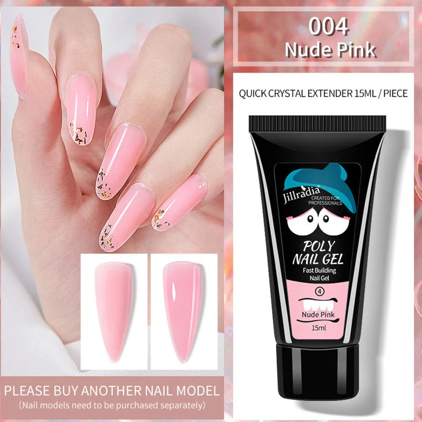 Crystal Extension Gel Nail Phototherapy Gel 15ml bottle showing eight colour options including soft pink, white, cinnamon, and nude variations