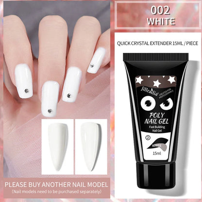 Crystal Extension Gel Nail Phototherapy Gel 15ml bottle showing eight colour options including soft pink, white, cinnamon, and nude variations