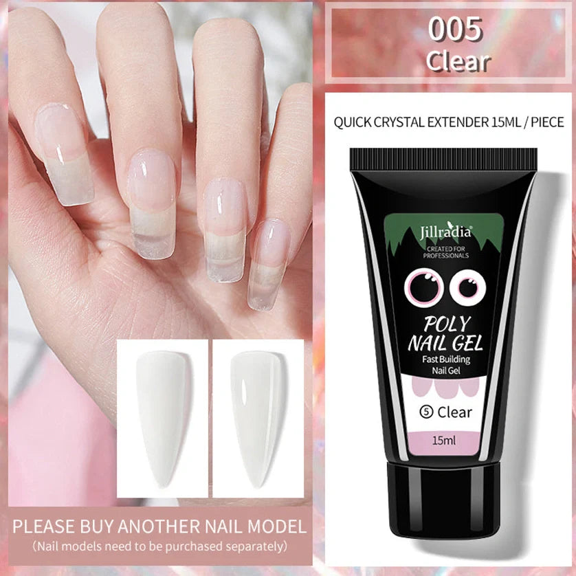Crystal Extension Gel Nail Phototherapy Gel 15ml bottle showing eight colour options including soft pink, white, cinnamon, and nude variations
