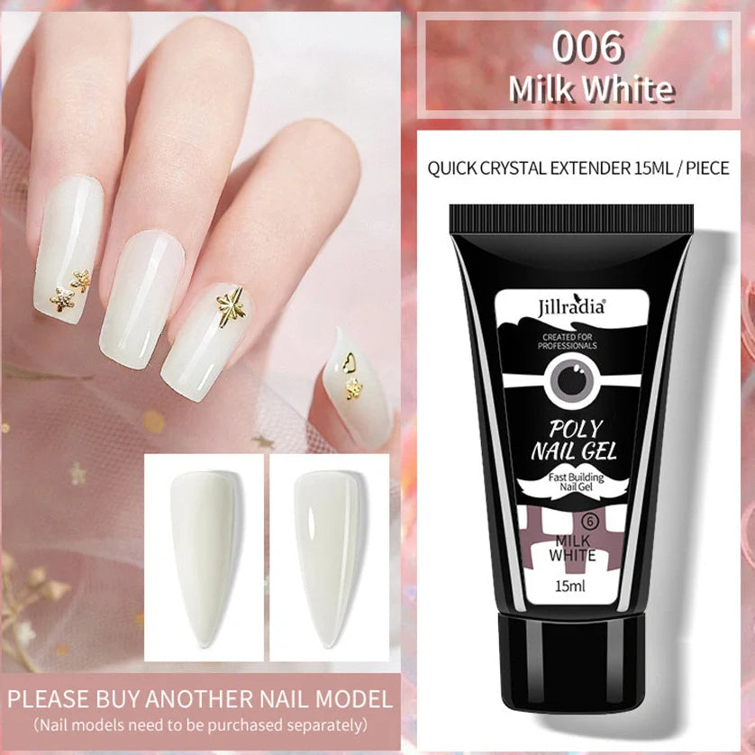 Crystal Extension Gel Nail Phototherapy Gel 15ml bottle showing eight colour options including soft pink, white, cinnamon, and nude variations