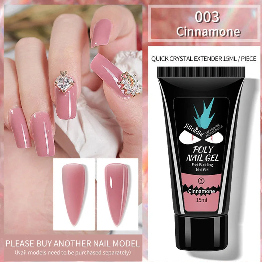 Crystal Extension Gel Nail Phototherapy Gel 15ml bottle showing eight colour options including soft pink, white, cinnamon, and nude variations