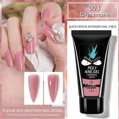 Crystal Extension Gel Nail Phototherapy Gel 15ml bottle showing eight colour options including soft pink, white, cinnamon, and nude variations