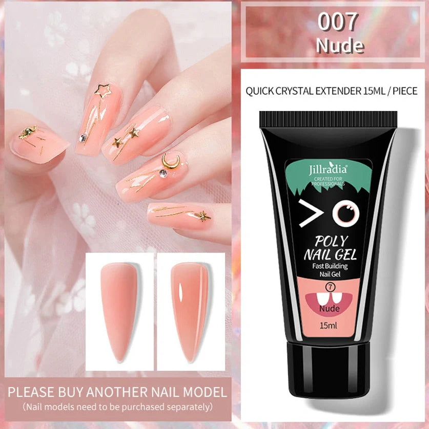 Crystal Extension Gel Nail Phototherapy Gel 15ml bottle showing eight colour options including soft pink, white, cinnamon, and nude variations