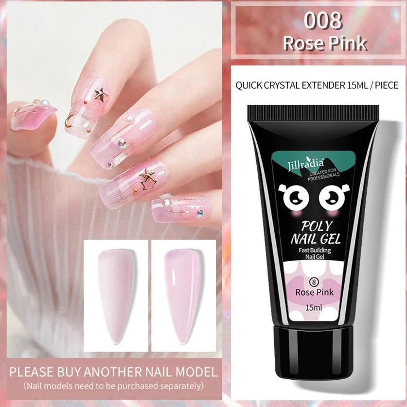Crystal Extension Gel Nail Phototherapy Gel 15ml bottle showing eight colour options including soft pink, white, cinnamon, and nude variations