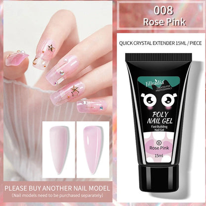 Crystal Extension Gel Nail Phototherapy Gel 15ml bottle showing eight colour options including soft pink, white, cinnamon, and nude variations