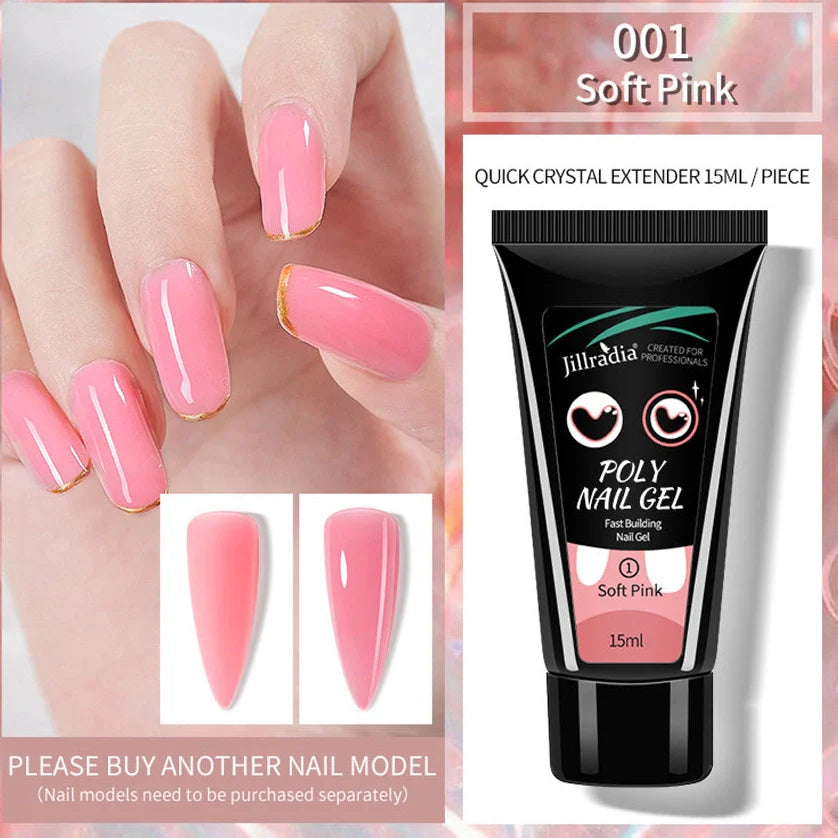 Crystal Extension Gel Nail Phototherapy Gel 15ml bottle showing eight colour options including soft pink, white, cinnamon, and nude variations
