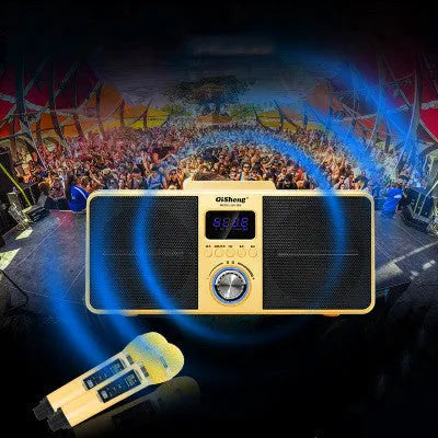 Home KTV Bluetooth Speaker with Dual Microphones for Wireless Karaoke, featuring a 5W subwoofer, 6-hour battery life, 10m range Bluetooth 5.0 connectivity, TF card/USB playback, and radio functionality in black or gold plastic housing