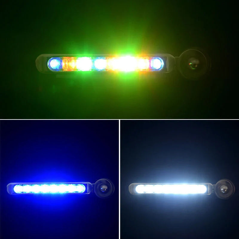 Wind-powered LED daytime running lights for cars and motorcycles in blue, white, and multicolour options