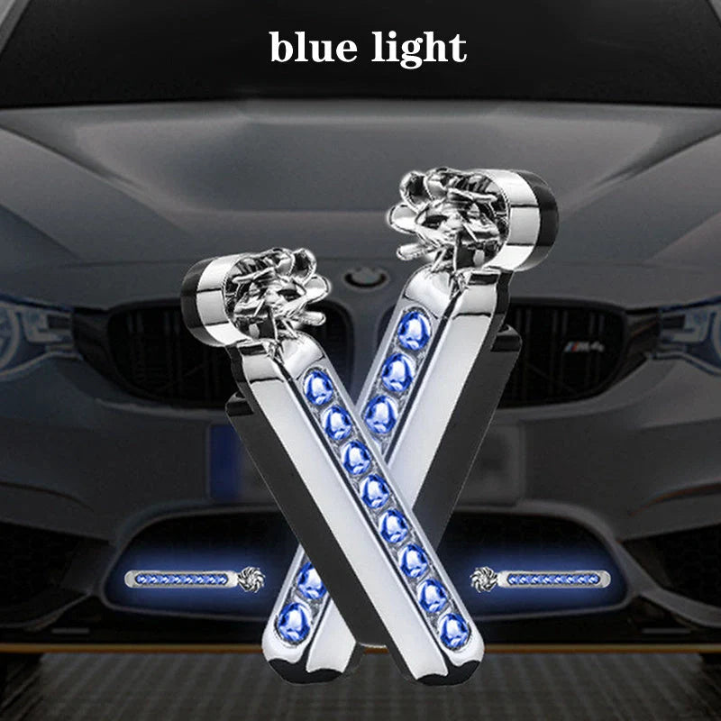 Wind-powered LED daytime running lights for cars and motorcycles in blue, white, and multicolour options