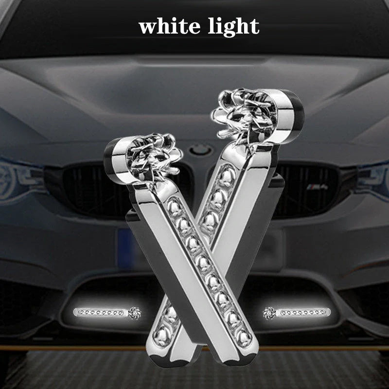 Wind-powered LED daytime running lights for cars and motorcycles in blue, white, and multicolour options