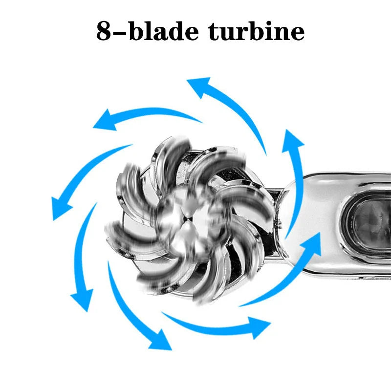Wind-powered LED daytime running lights for cars and motorcycles in blue, white, and multicolour options