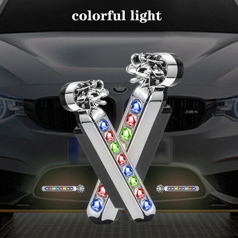 Wind-powered LED daytime running lights for cars and motorcycles in blue, white, and multicolour options