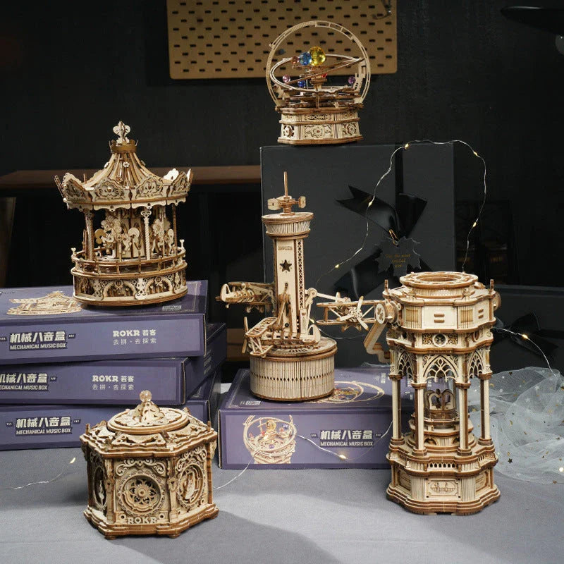Enchanting 3D wooden music box kits with rotatable designs and calming melodies, perfect for DIY projects and home decor