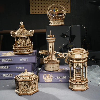 Enchanting 3D wooden music box kits with rotatable designs and calming melodies, perfect for DIY projects and home decor