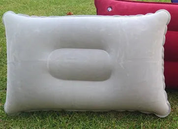 Rectangular PVC inflatable camping pillow showing dark blue colour with soft flocking texture and 38x24cm dimensions